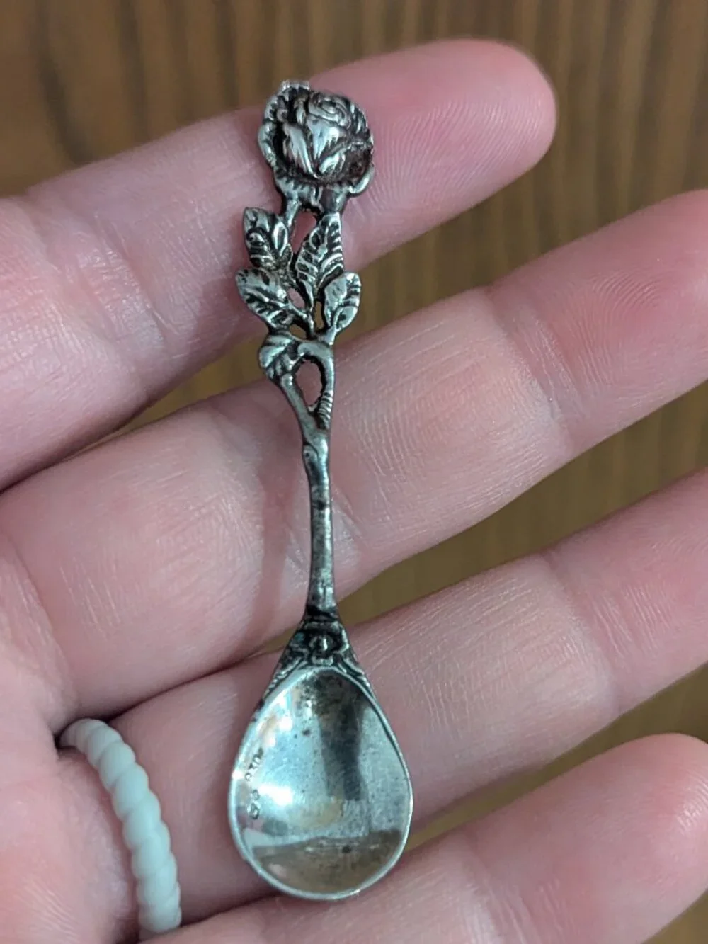 Antique Silver 830 Rose‎ Floral Salt Spoon Ornate Beautiful 2.5